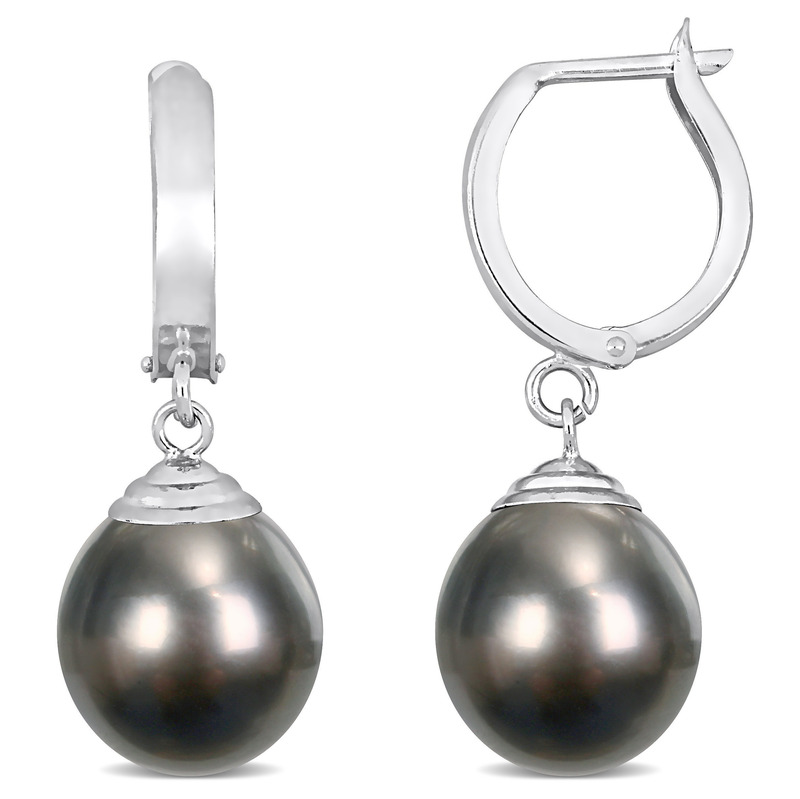 9 - 9.5 MM Tahitian Pearl Hinged Hoop Drop Earrings in 14k White Gold