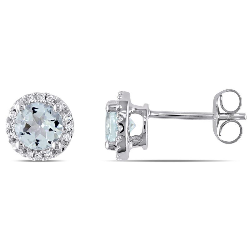 Halo Diamond and Aquamarine Stud Earrings in 10k White Gold