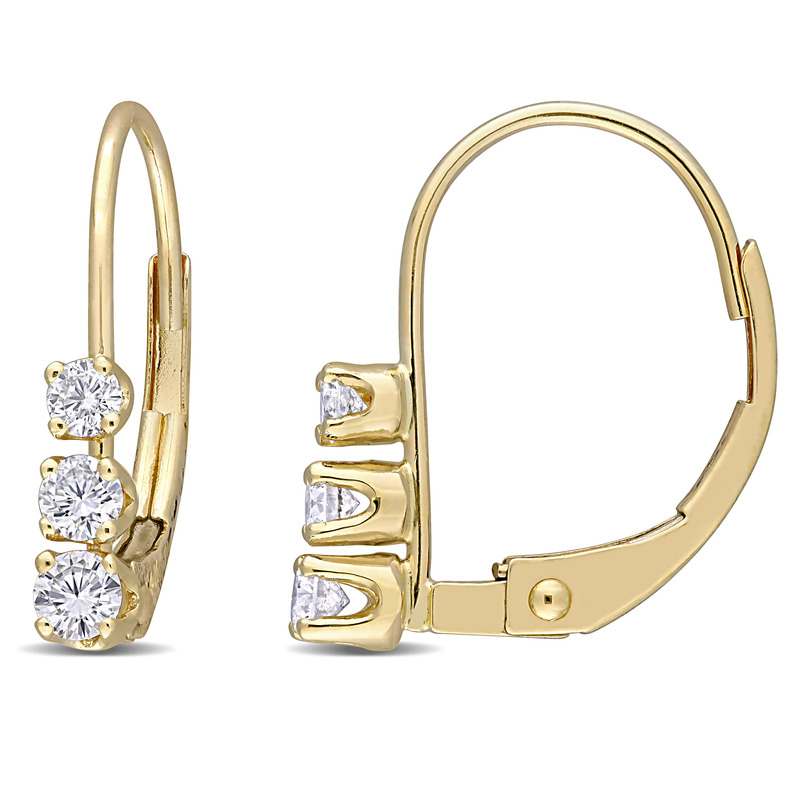 1/4 CT TW 3-Stone Diamond Leverback Earrings in 14k Yellow Gold