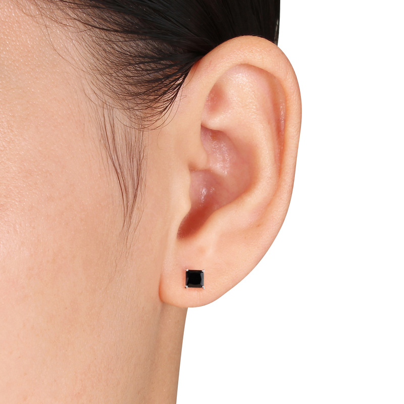 1 1/2 CT TW Black Princess Cut Diamond Stud Earrings in 14k White Gold