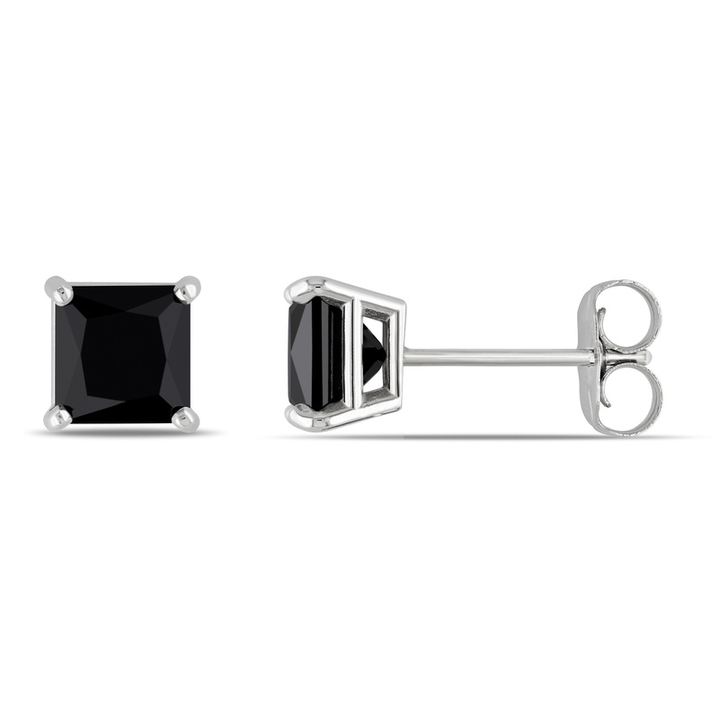 1 1/2 CT TW Black Princess Cut Diamond Stud Earrings in 14k White Gold