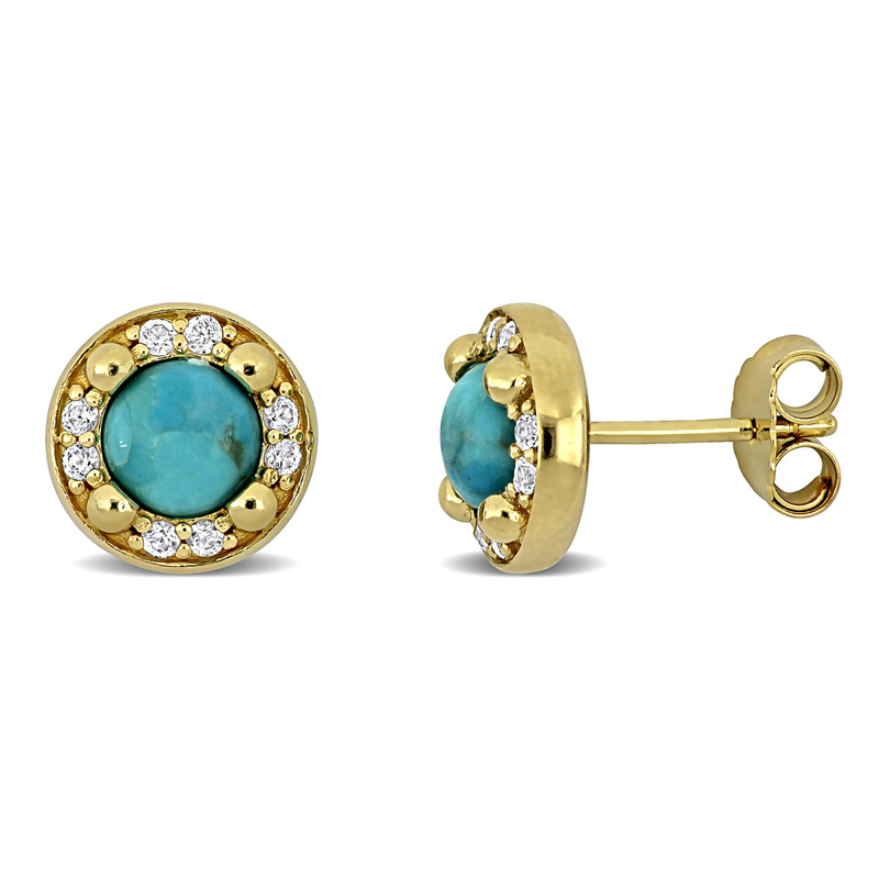 2 1/4ct TGW Composite Light Blue Turquoise and Created White Sapphire Halo Stud Earrings in Yellow Plated Sterling Silver