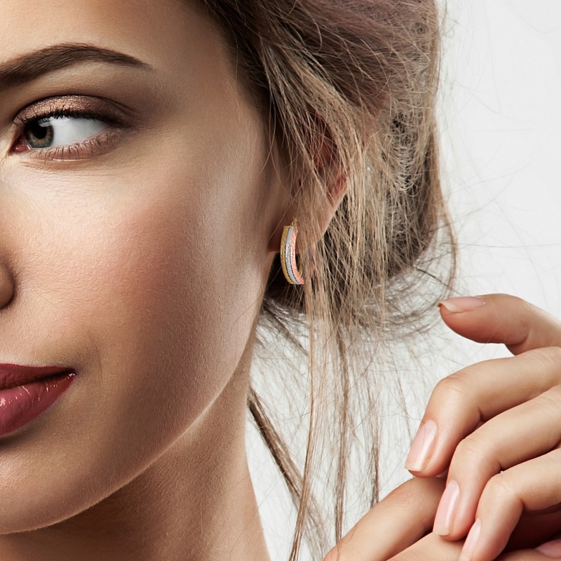 19 MM Triple Row Twisted Hoop Earrings in 3-Tone 10k Yellow, Rose and White Gold