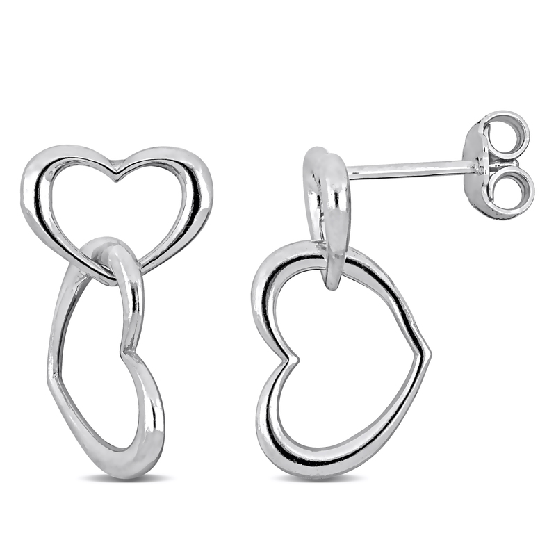 Double Heart Drop Earrings in Sterling Silver