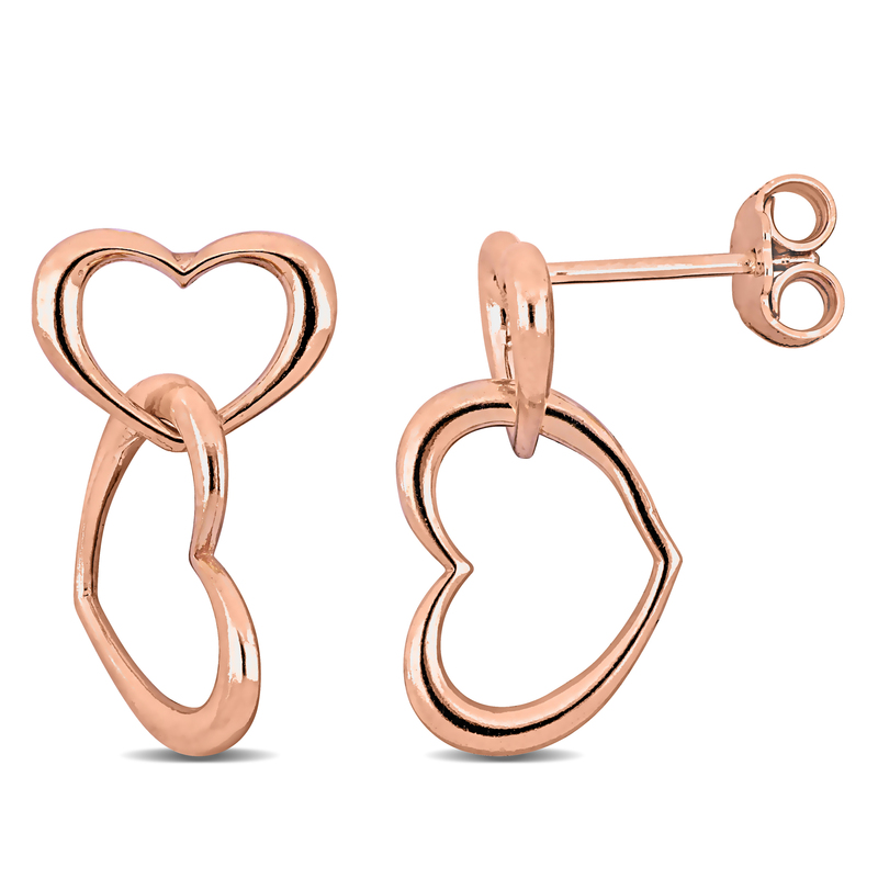 Double Heart Drop Earrings in Rose Plated Sterling Silver