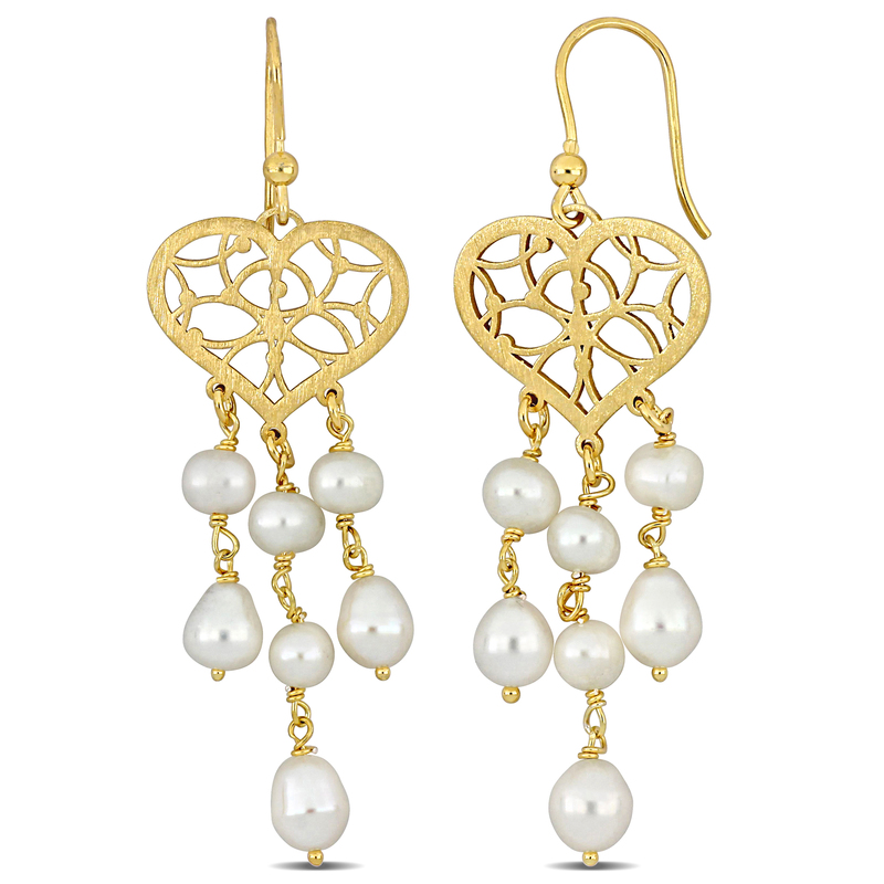 6-6.5 MM Cultured Freshwater Pearl Chandelier Style Heart Drop Earrings in Yellow Plated Sterling Silver