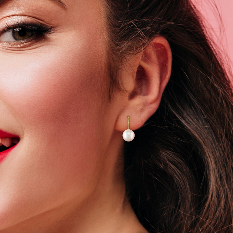 7 - 7.5 MM Cultured Freshwater Pearl Leverback Earrings in 10k Yellow Gold