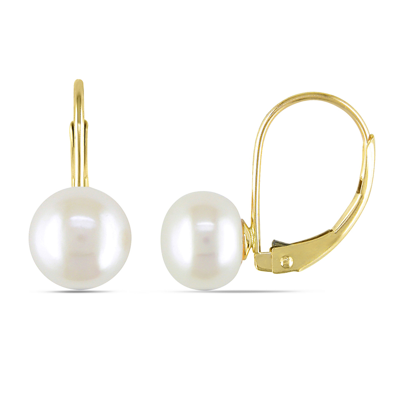 7 - 7.5 MM Cultured Freshwater Pearl Leverback Earrings in 10k Yellow Gold