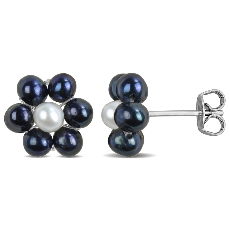 3-4mm Black and White Flower Design Cultured Freshwater Pearl Stud Earrings in Sterling Silver