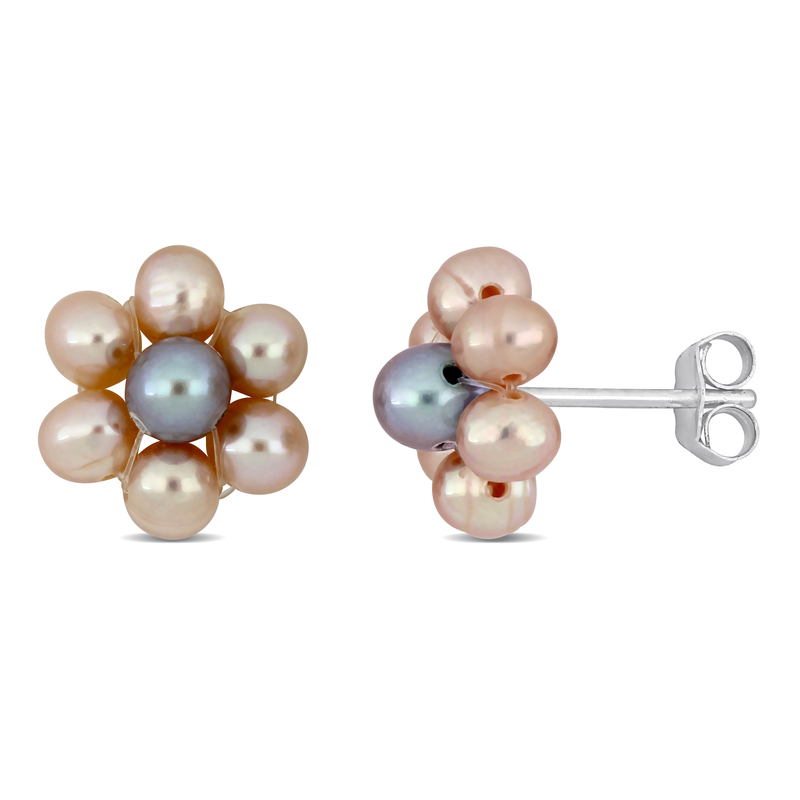 3-4mm Pink and Gray Cultured Freshwater Pearl Flower Design Stud Earrings in Sterling Silver