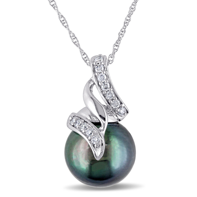 9.5 - 10 MM Black Tahitian Cultured Pearl and 1/10 CT TW Diamond Pendant with Chain in 10k White Gold