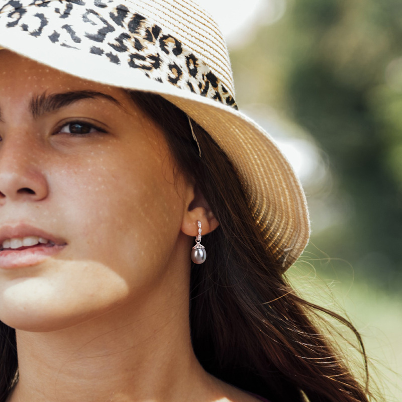 9 - 9.5 MM Black Tahitian Cultured Pearl and Diamond Accent Infinity Hoop Earrings in 10k White Gold