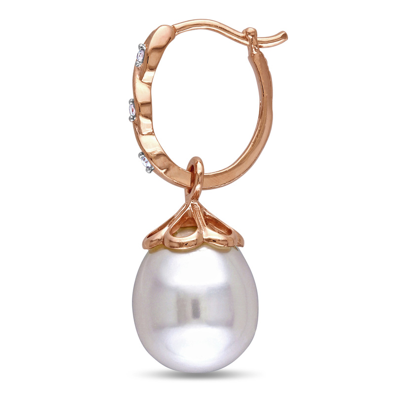 9 - 9.5 MM Freshwater Cultured Pearl and Diamond Accent Infinity Hoop Earrings in 10k Rose Gold