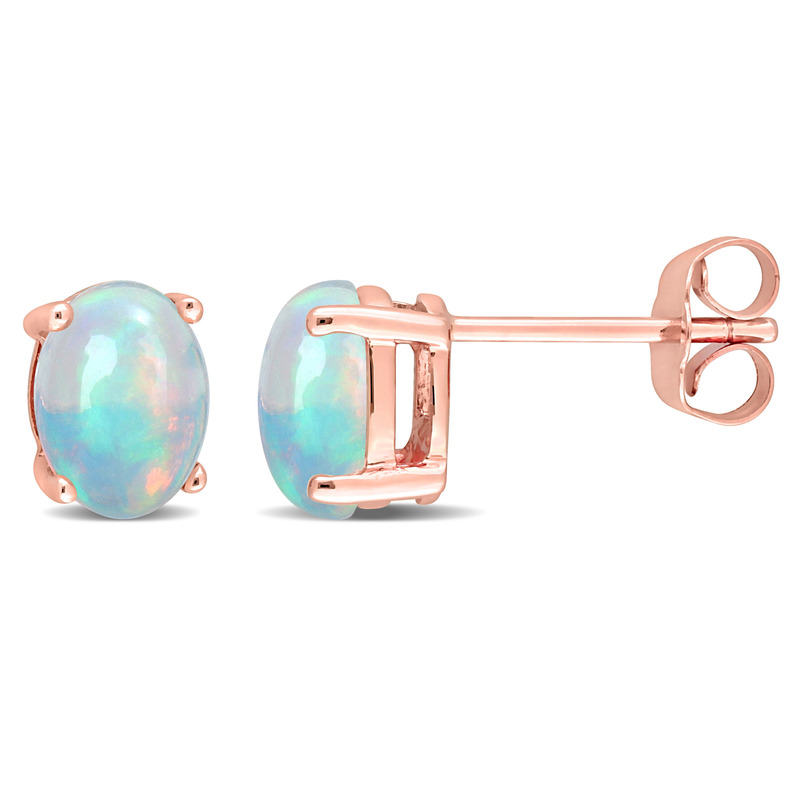 1 3/8 CT TGW Oval Shape Blue Ethiopian Opal Stud Earrings in 10k Rose Gold