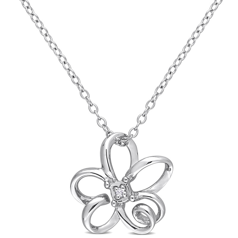 Diamond Floral Pendant with Chain in Sterling Silver - 18 in