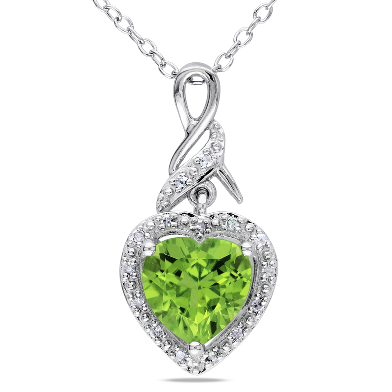 Diamond and Peridot Heart Twist Pendant With Chain in Sterling Silver