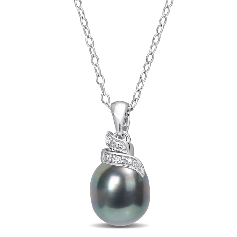 8-9 MM Black Tahitian Cultured Pearl and Diamond Accent Wrap Pendant with Chain in Sterling Silver - 18 in.