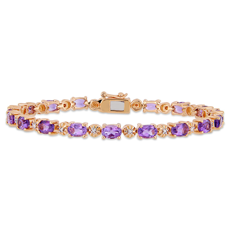 7-1/5 CT TGW Oval-Cut Amethyst and Diamond Accent Tennis Bracelet in Rose Plated Sterling Silver