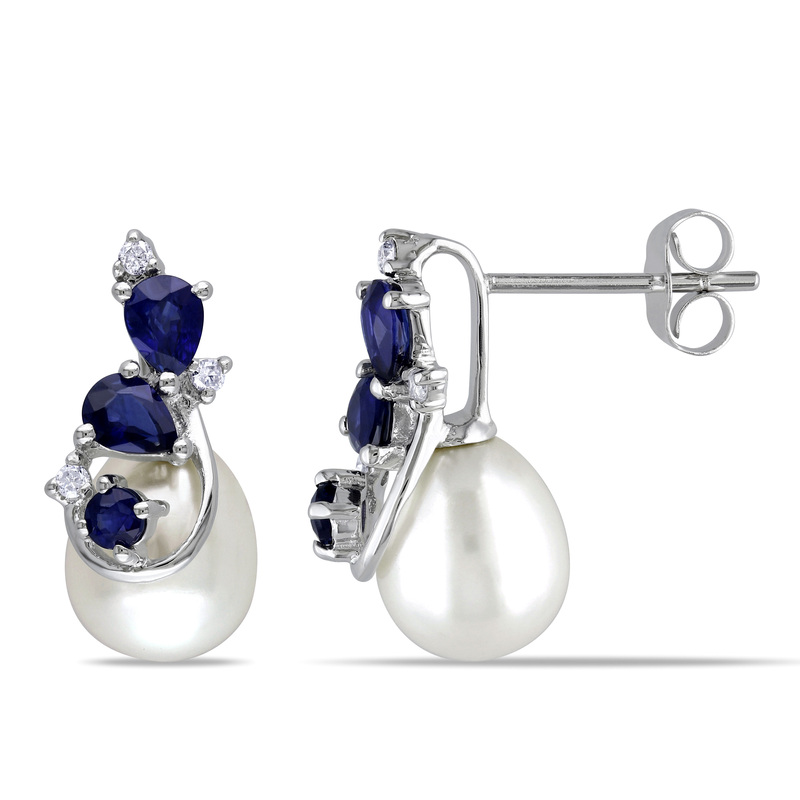 7.5 - 8 MM White Cultured Freshwater Pearl with Diamonds and Sapphire Earrings in 10k White Gold