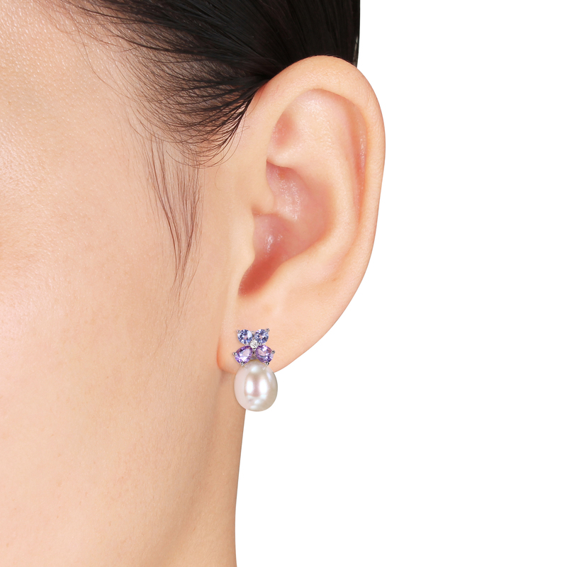 8 - 8.5 MM White Cultured Freshwater Pearl, Diamond, Tanzanite and Amethyst Stud Earrings in Sterling Silver