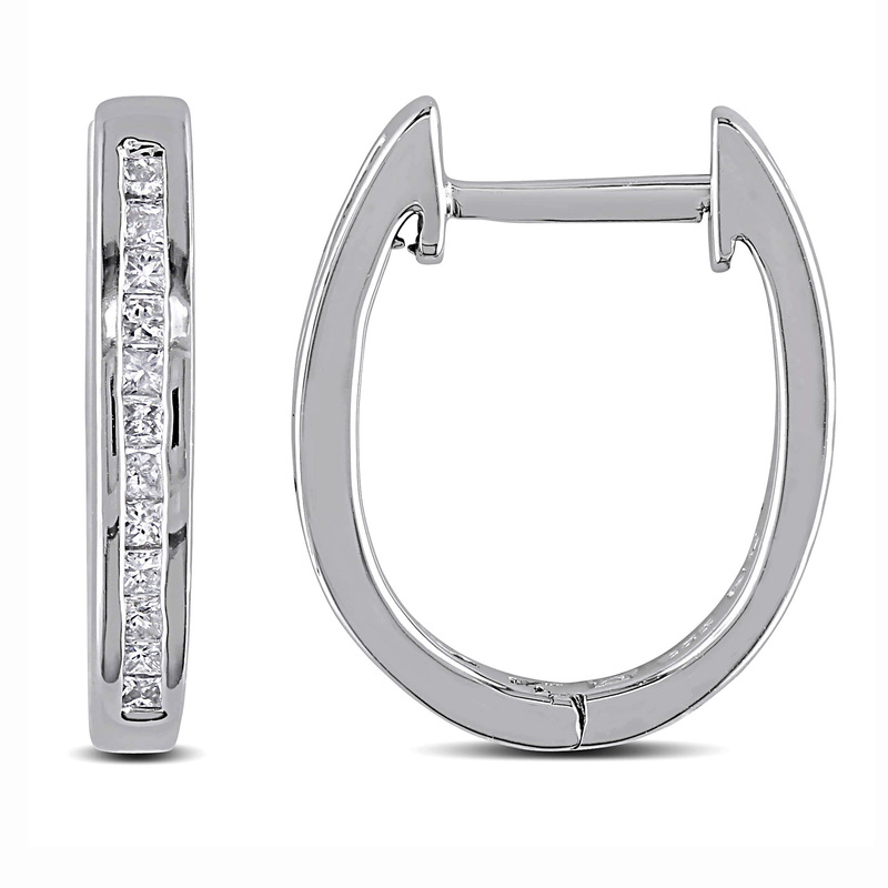 1/4 CT TW Princess Cut Channel Set Diamond Hoop Earrings in Sterling Silver