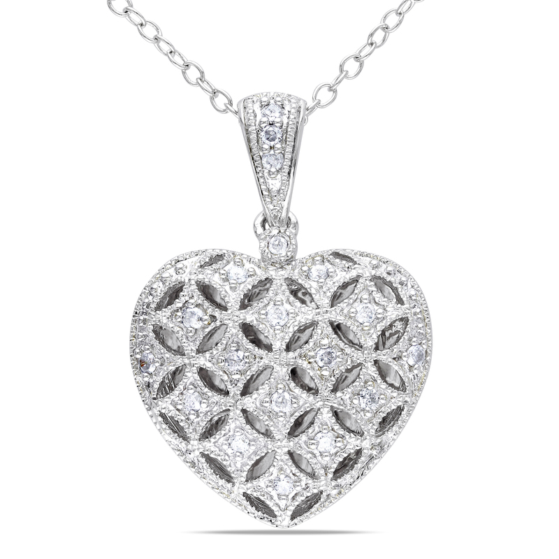 1/7 CT TW Diamond Filigree Heart Pendant with Chain in Sterling Silver - 18 in
