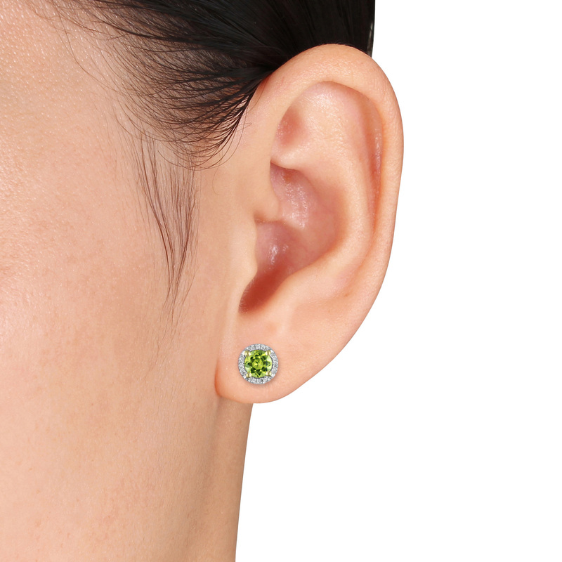 Peridot Halo Earrings with Diamonds in 10k Yellow Gold