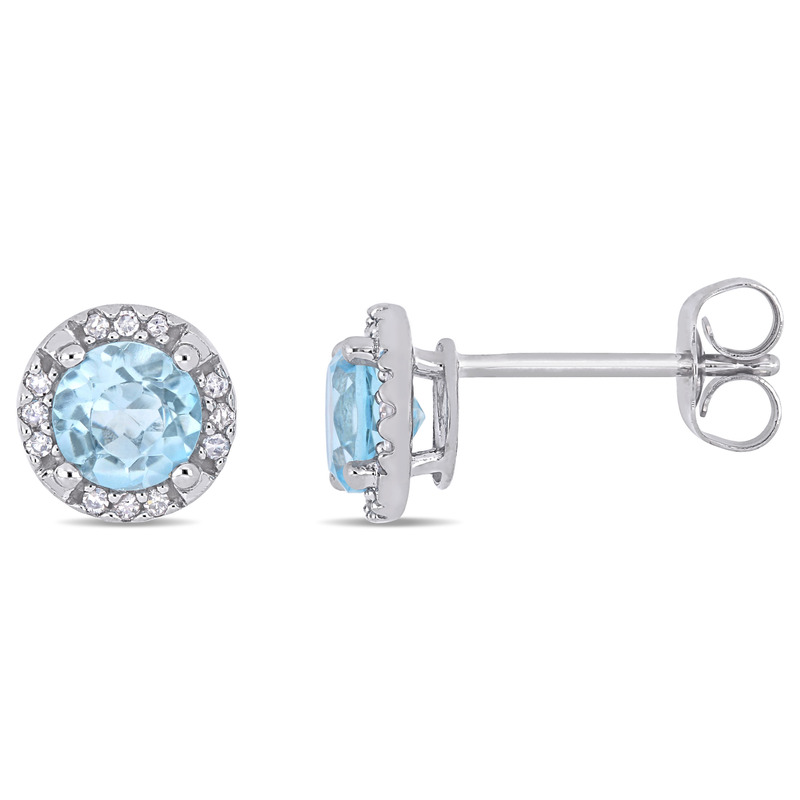 Sky-Blue Topaz Halo Earrings with Diamonds in 10k White Gold