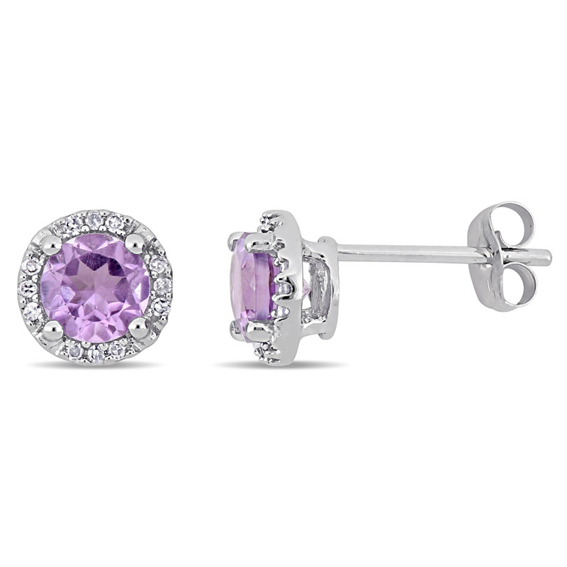 Amethyst Halo Earrings with Diamonds in 10k White Gold