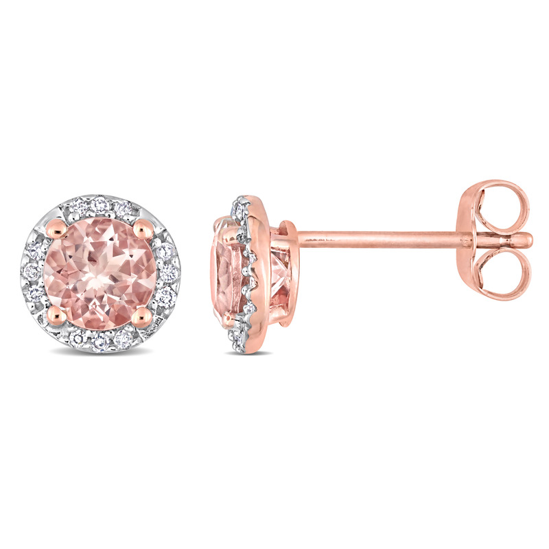 Morganite and Diamond Halo Stud Earrings in 10k Rose Gold