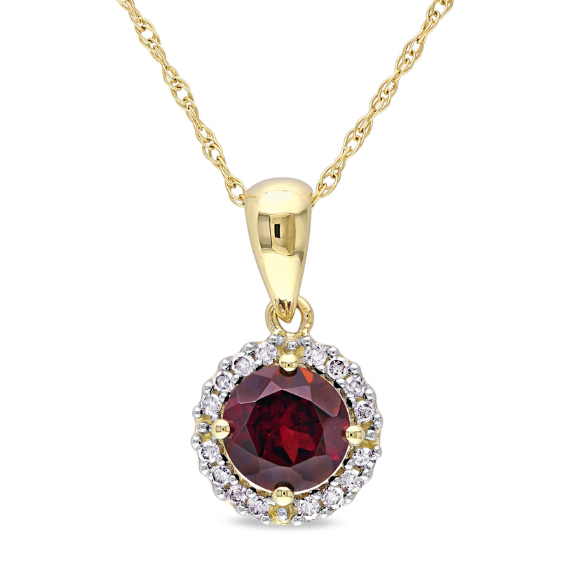Garnet and 1/10 CT TW Diamond Halo Pendant with Chain in 10k Yellow Gold