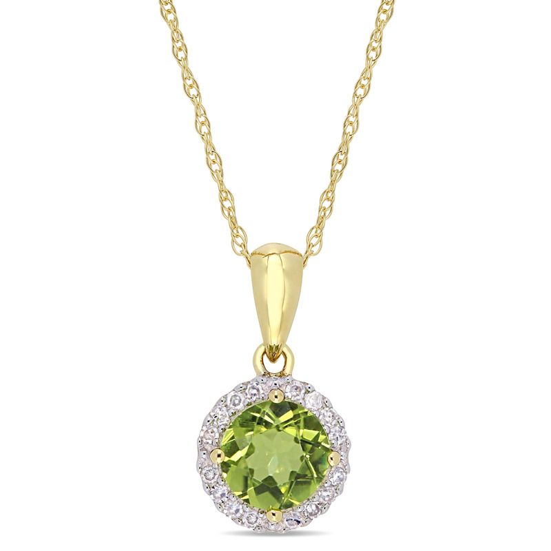 Peridot and 1/10 CT TW Diamond Halo Pendant with Chain in 10k Yellow Gold
