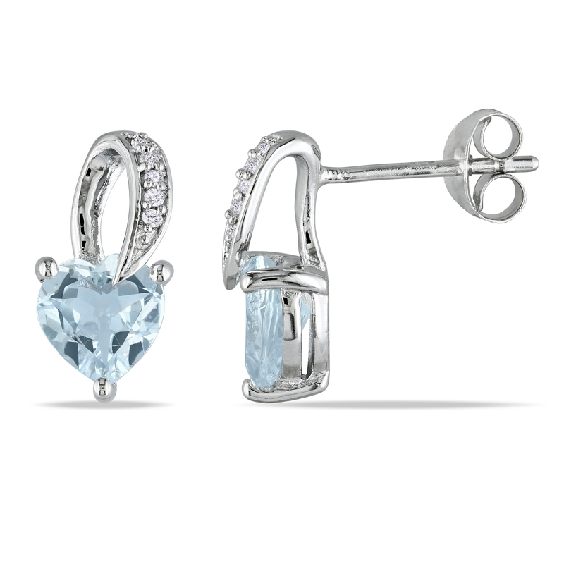 1 1/3 CT TGW Heart Shaped Aquamarine and Diamond Swirl Earrings in Sterling Silver