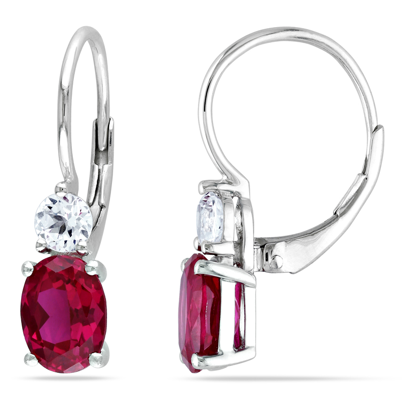 4 5/8 CT TGW Created Ruby and White Sapphire Leverback Earrings in Sterling Silver