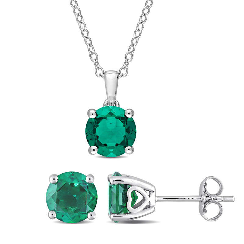 3 1/2 CT TGW Created Emerald Solitaire Stud Earring and Pendant with chain Set in Sterling Silver