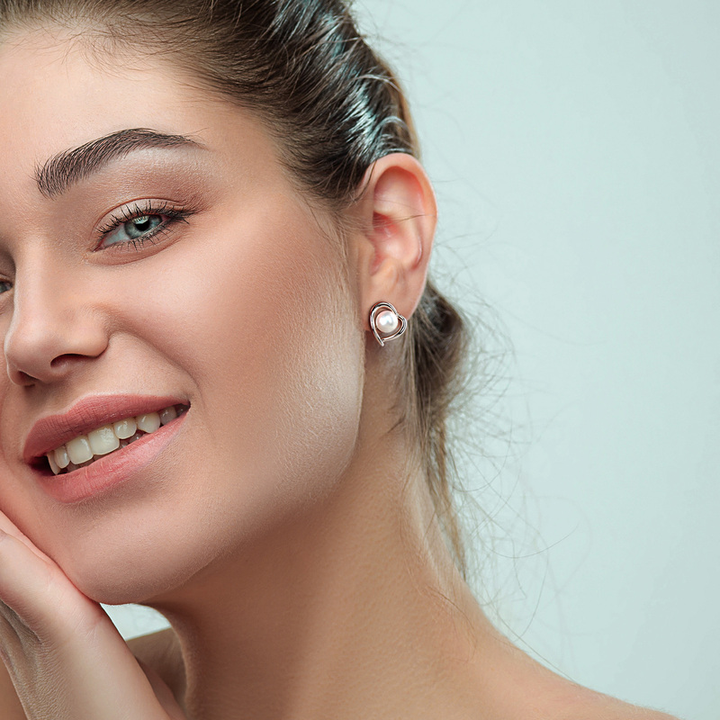 8 - 8.5 MM White Cultured Freshwater Pearl and Diamond Heart Stud Earrings in Sterling Silver