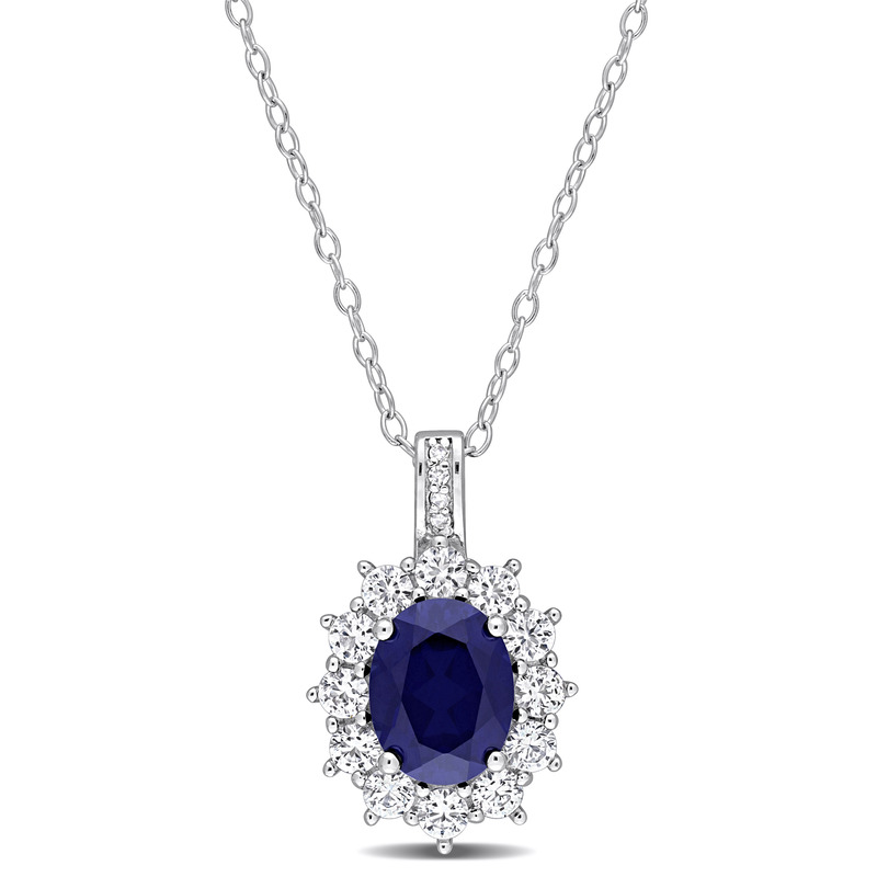 Diamond and 4 CT TGW Created Blue and Created White Sapphire Oval Halo Pendant with Chain in Sterling Silver - 18 in.