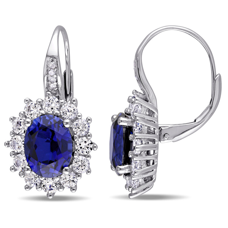 8.06 CT TGW Created Blue and White Sapphire and Diamond Halo Leverback Earrings in Sterling Silver