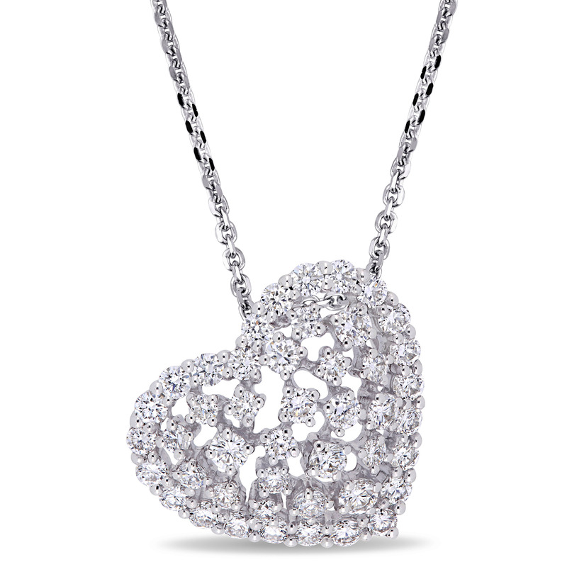 1 CT TW Diamond Filligree Heart Pendant With Chain in 14k White Gold