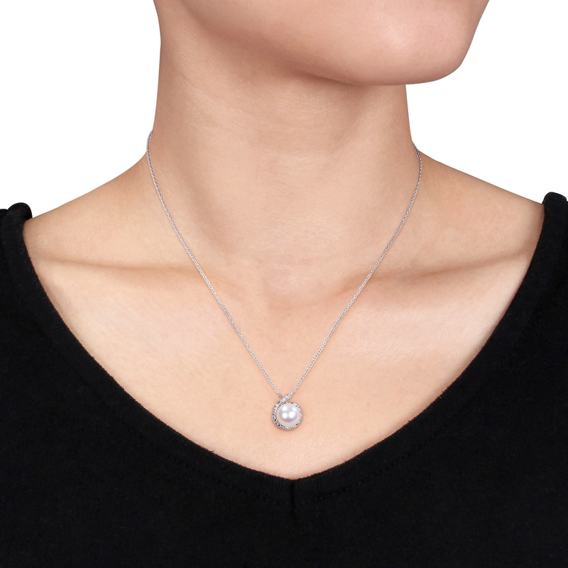 8 - 8.5 MM  White Cultured Freshwater Pearl and Diamond Halo Pendant with Chain in 10k White Gold