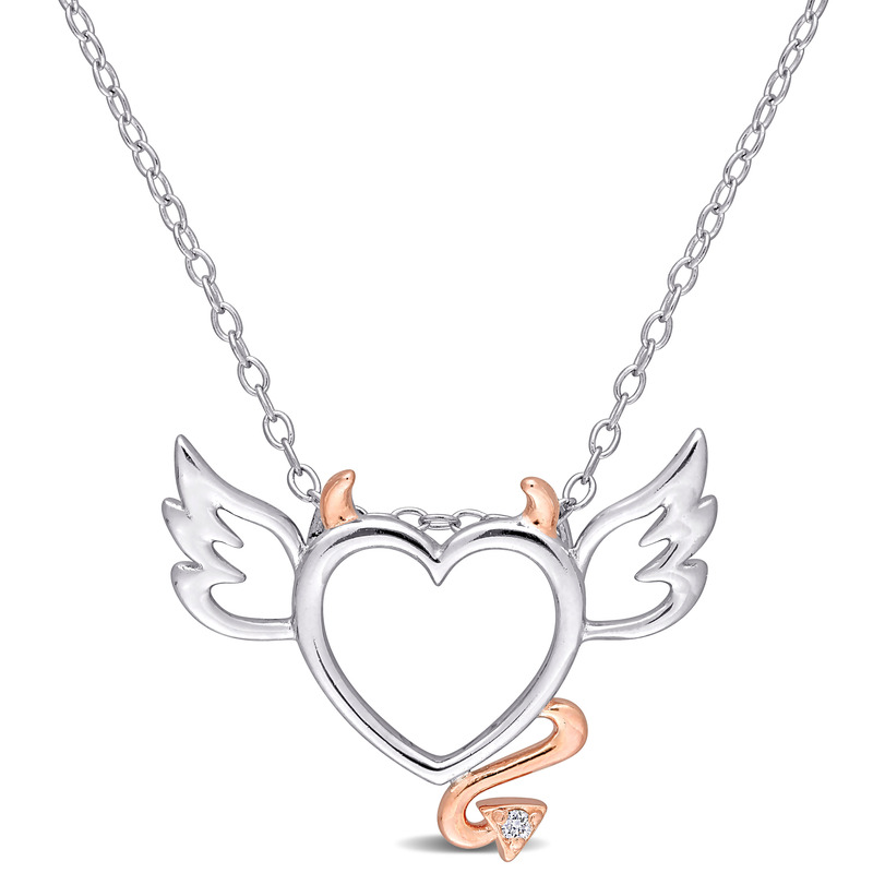 Diamond Devil and Angel Heart Pendant with Chain in Sterling Silver