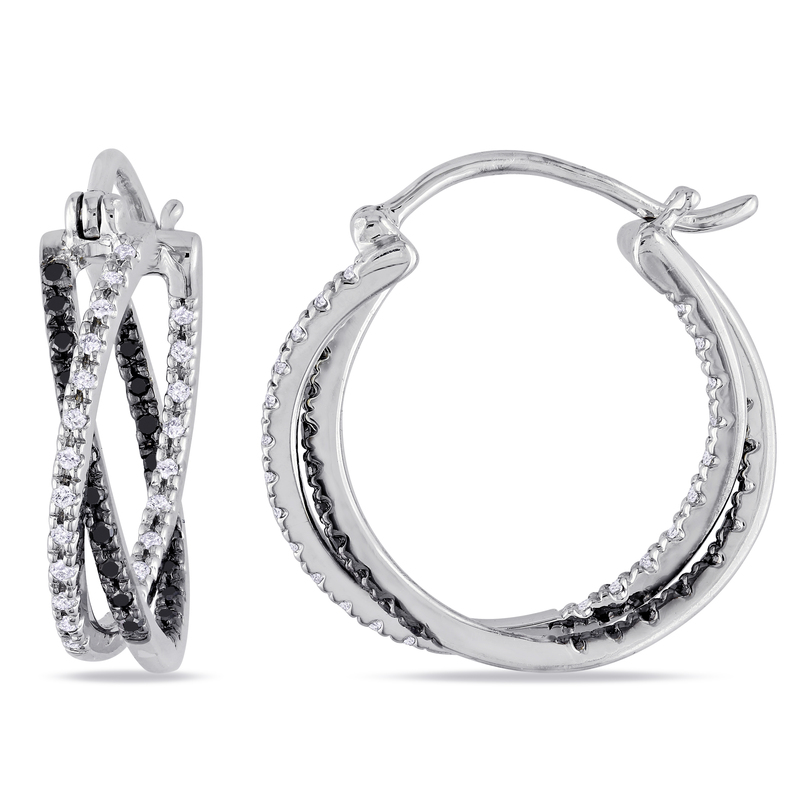 1/4ct TW Black and White Diamond Double Crossover Hoop Earrings in Sterling Silver with Black Rhodium