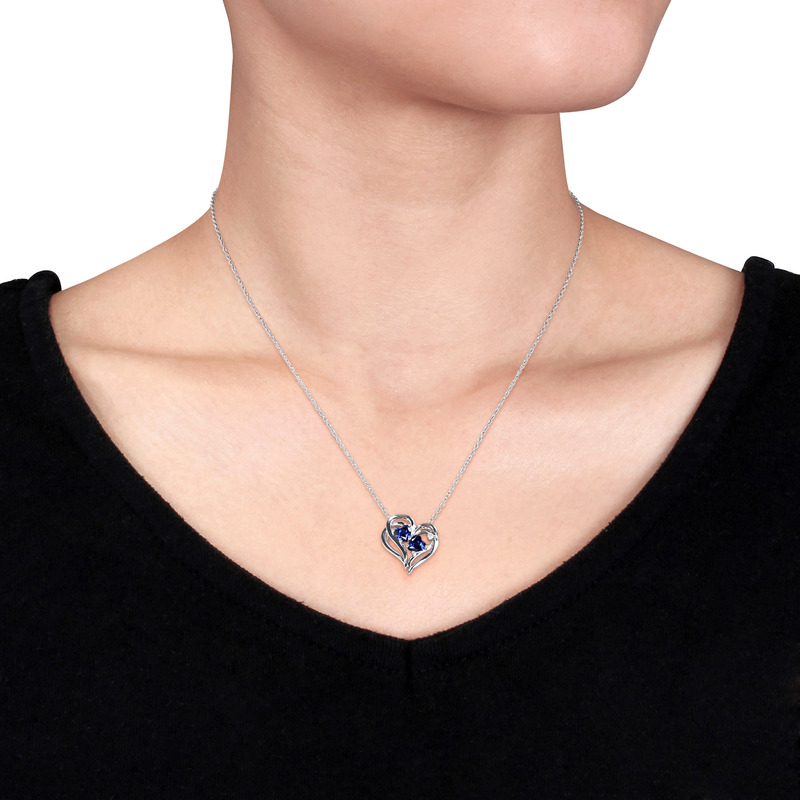Diamond and Created Blue Sapphire Heart Pendant with Chain in Sterling Silver