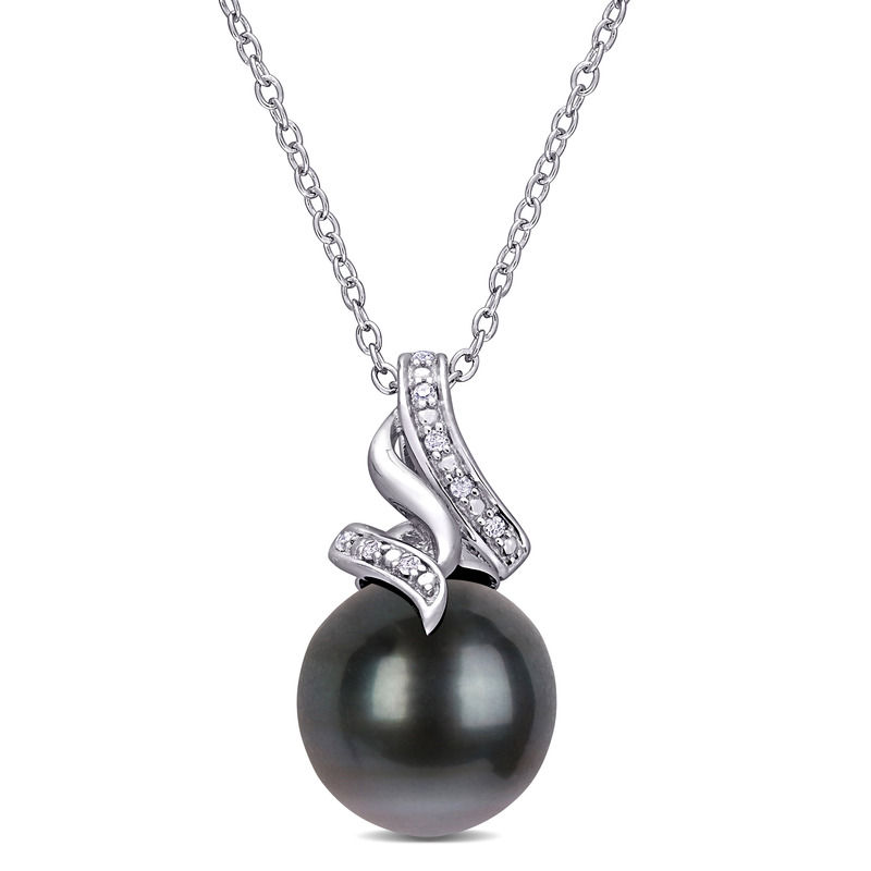 9 - 9.5 MM Black Tahitian Pearl and Diamond Twist Pendant with Chain in Sterling Silver