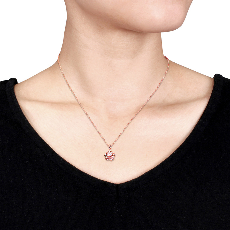 Created White Sapphire Floral Solitaire Pendant with Chain in Rose Plated Sterling Silver