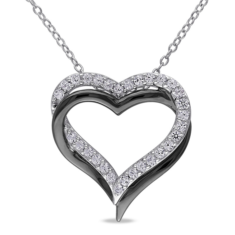 Created White Sapphire Crossover Heart Pendant With Chain in Sterling Silver with Black Rhodium