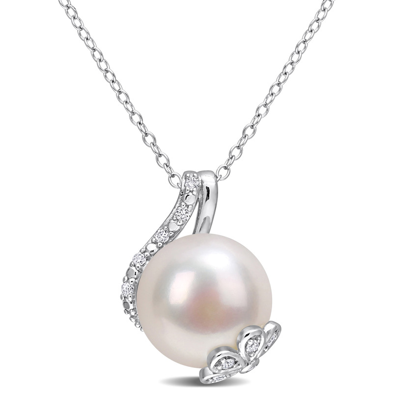 12 - 12.5 MM White Cultured Freshwater Pearl and 1/10 CT TW Diamond Swirl Pendant with Chain in Sterling Silver