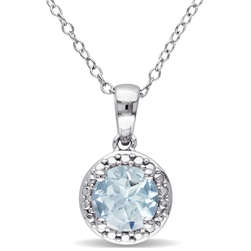 Aquamarine Halo Pendant with Chain in Sterling Silver