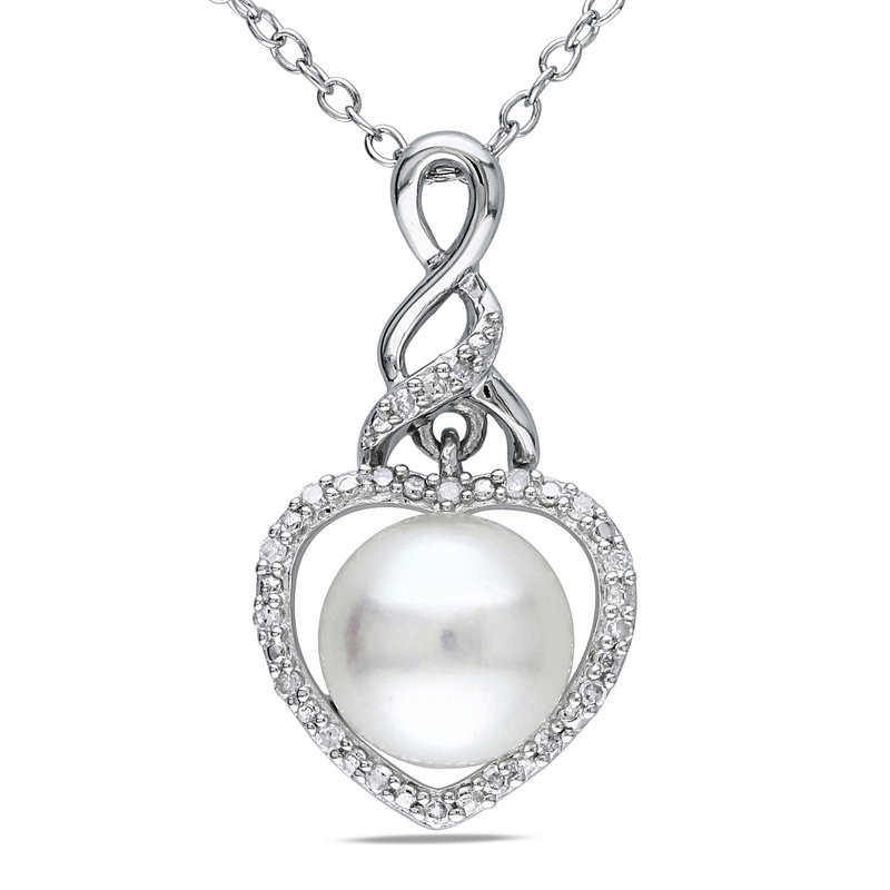 8 - 8.5 MM White Cultured Freshwater Pearl and Diamond Heart Pendant with Chain in Sterling Silver
