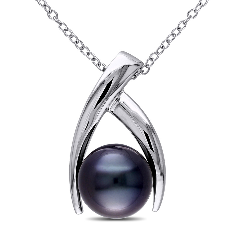 9.5 - 10 MM Black Tahitian Pearl Crisscross Pendant with Chain in Sterling Silver